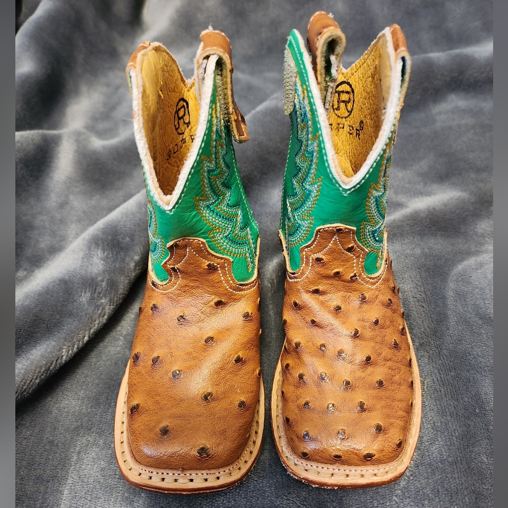 Roper Infant Buddy Neon Green and Cognac Ostrich Print Square Toe size 4